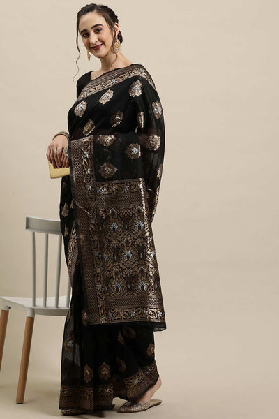 Buy Karishma Black Zari Woven Linen One Minute Saree Online - Front