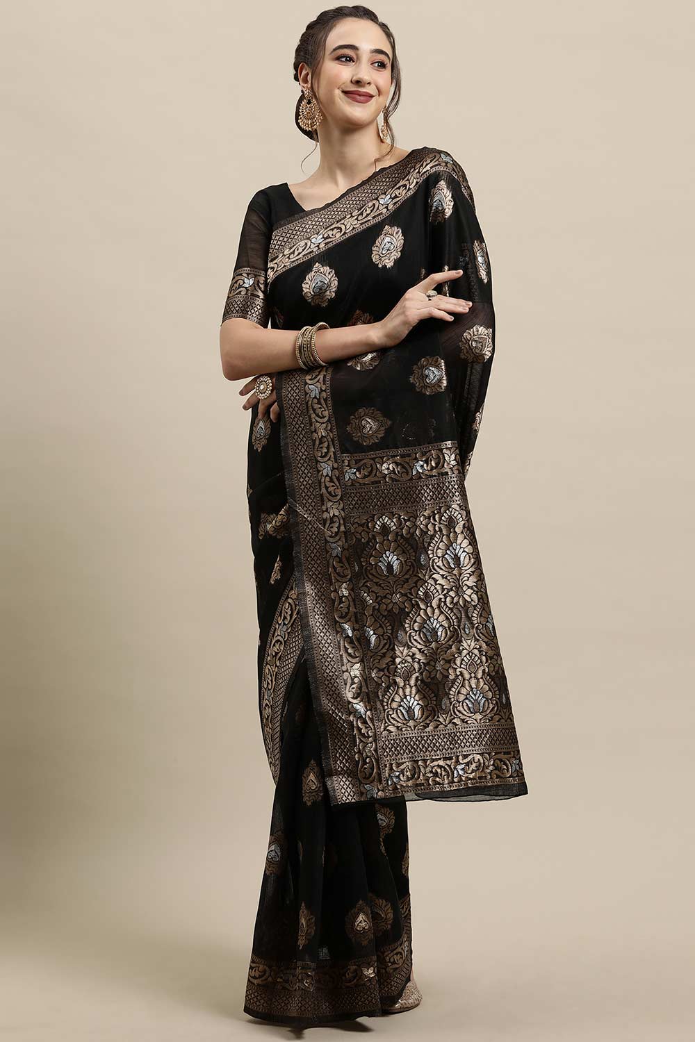 Buy Karishma Black Zari Woven Linen One Minute Saree Online - One Minute Saree