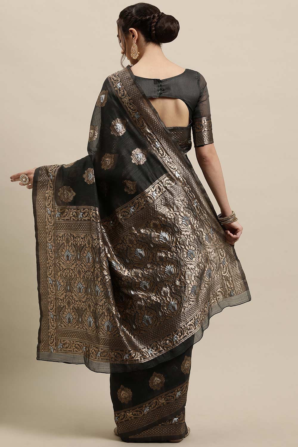 Shop Dory Dark Grey Zari Woven Linen One Minute Saree at best offer at our  Store - One Minute Saree