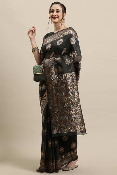 Buy Dory Dark Grey Zari Woven Linen One Minute Saree Online - Front