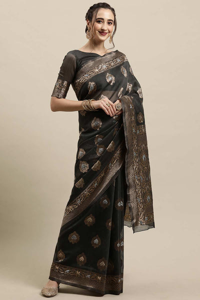 Buy Dory Dark Grey Zari Woven Linen One Minute Saree Online - Side