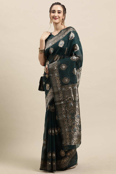 Buy Leanne Green Zari Woven Linen One Minute Saree Online - Front