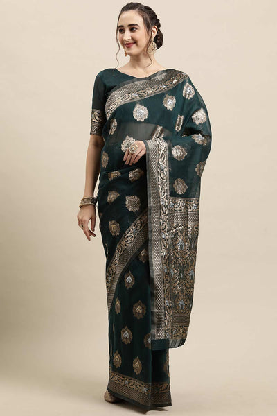 Buy Leanne Green Zari Woven Linen One Minute Saree Online - One Minute Saree
