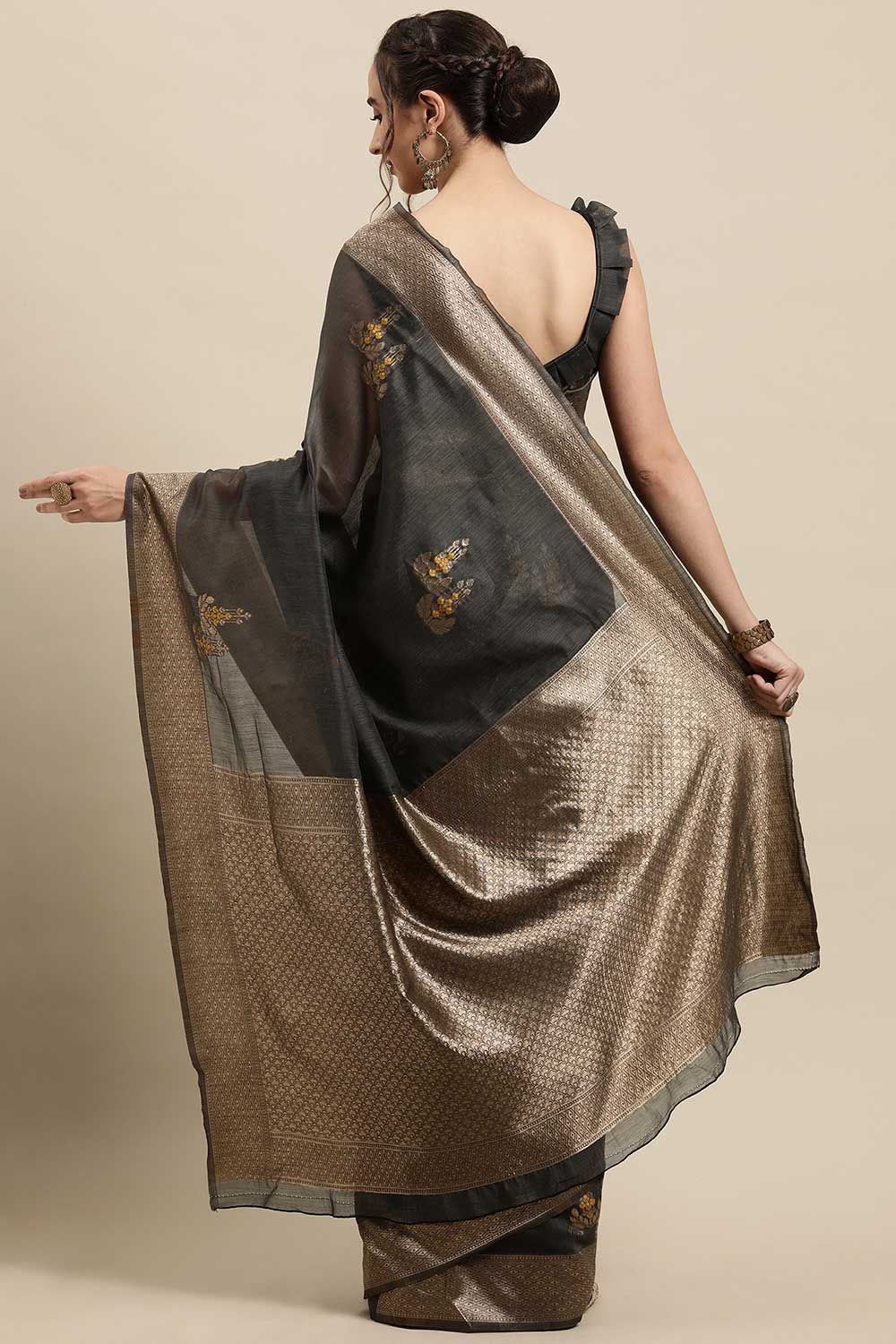 Shop Anjula Grey Floral Woven Linen One Minute Saree at best offer at our  Store - One Minute Saree