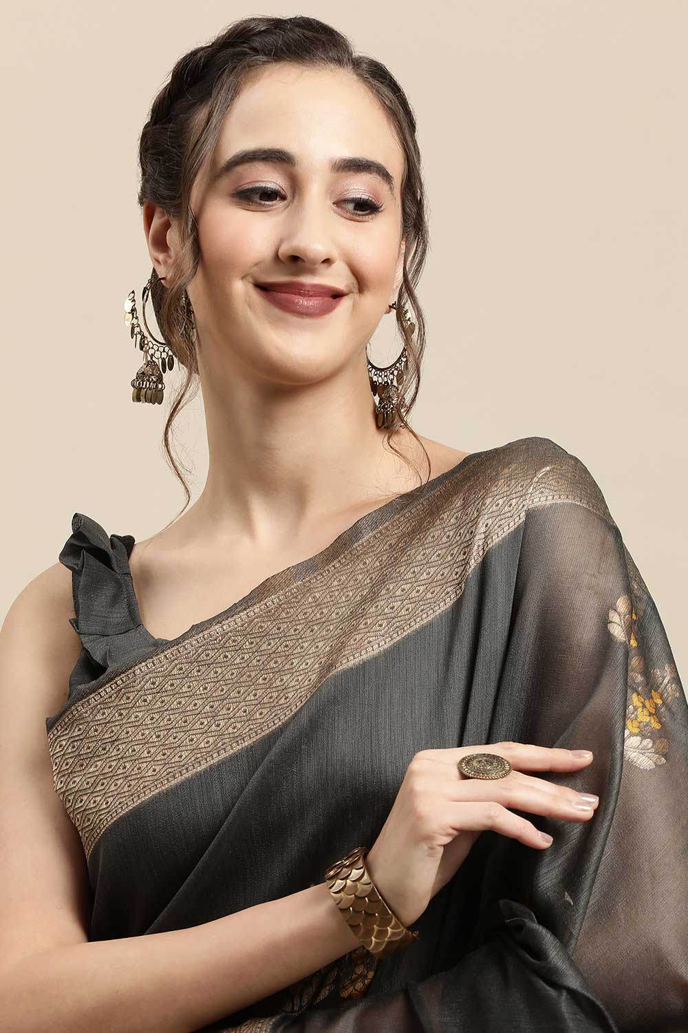 Buy Anjula Grey Floral Woven Linen One Minute Saree Online