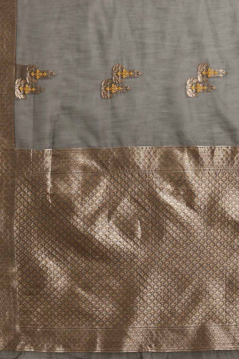 Buy Anjula Grey Floral Woven Linen One Minute Saree Online - Back