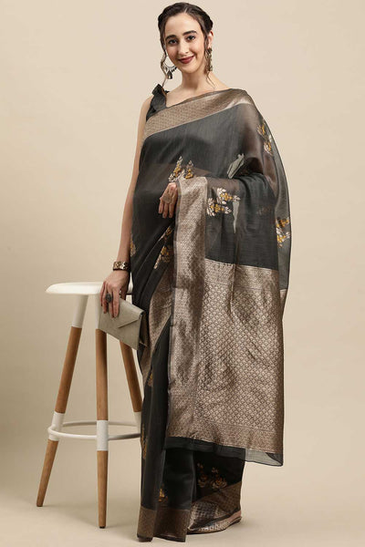 Buy Anjula Grey Floral Woven Linen One Minute Saree Online - Front