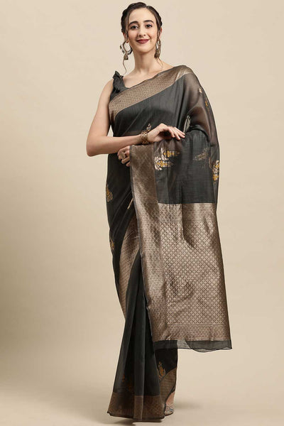 Buy Anjula Grey Floral Woven Linen One Minute Saree Online - One Minute Saree