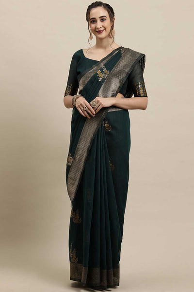 Buy Kylie Green Floral Woven Linen One Minute Saree Online - One Minute Saree