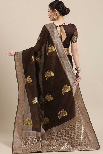 Shop Fiona Brown Floral Woven Linen One Minute Saree at best offer at our  Store - One Minute Saree