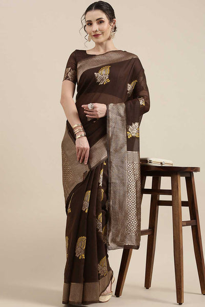 Buy Fiona Brown Floral Woven Linen One Minute Saree Online