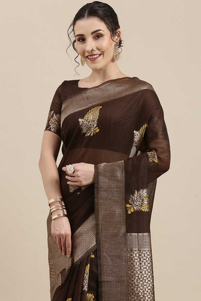 Buy Fiona Brown Floral Woven Linen One Minute Saree Online - Back