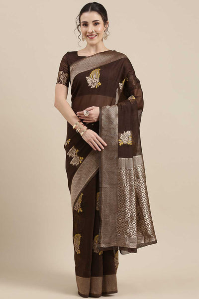 Buy Fiona Brown Floral Woven Linen One Minute Saree Online - One Minute Saree