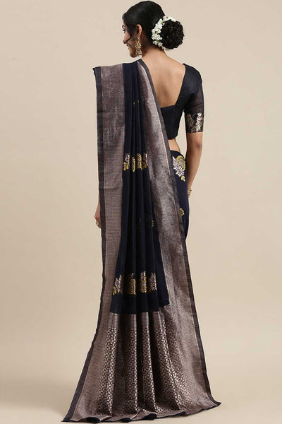 Shop Rhea Navy Blue Floral Woven Linen One Minute Saree at best offer at our  Store - One Minute Saree