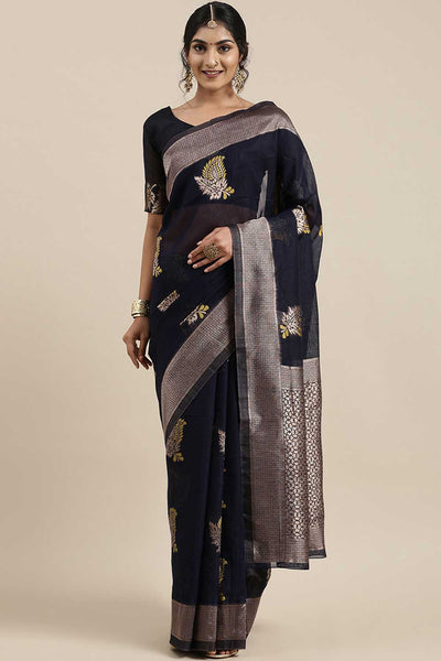 Buy Rhea Navy Blue Floral Woven Linen One Minute Saree Online - One Minute Saree