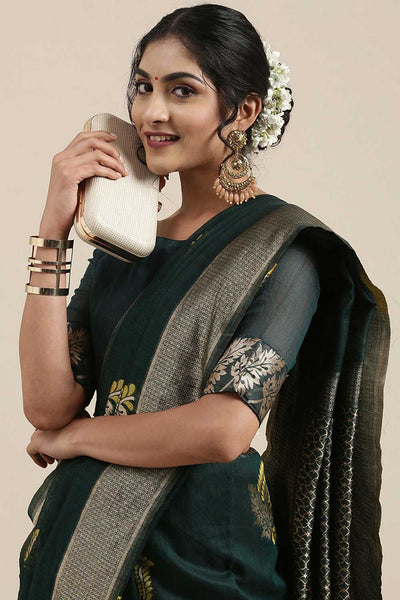 Kary Teal green Floral Woven Linen One Minute Saree