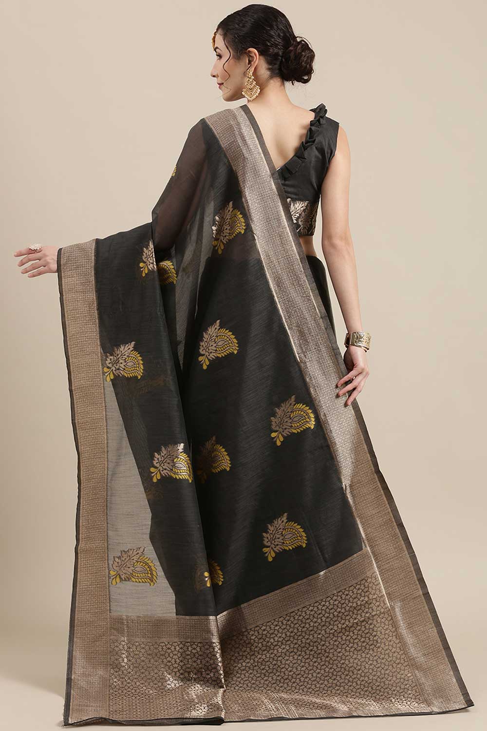 Shop Hannah Grey Floral Woven Linen One Minute Saree at best offer at our  Store - One Minute Saree