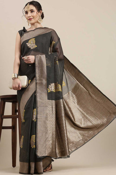 Buy Hannah Grey Floral Woven Linen One Minute Saree Online