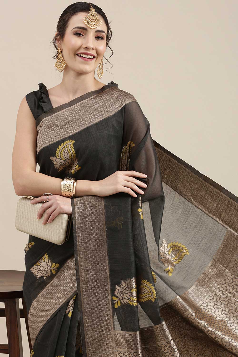 Buy Hannah Grey Floral Woven Linen One Minute Saree Online - Back