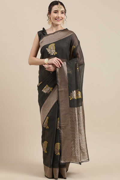 Buy Hannah Grey Floral Woven Linen One Minute Saree Online - One Minute Saree