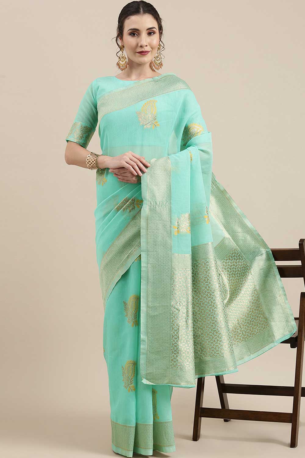 Buy Mandy Sea Green Floral Woven Linen One Minute Saree Online
