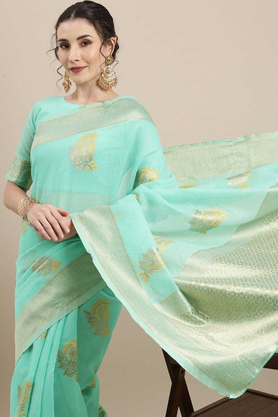 Buy Mandy Sea Green Floral Woven Linen One Minute Saree Online - Back