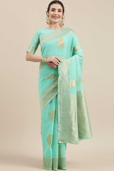 Buy Mandy Sea Green Floral Woven Linen One Minute Saree Online - One Minute Saree
