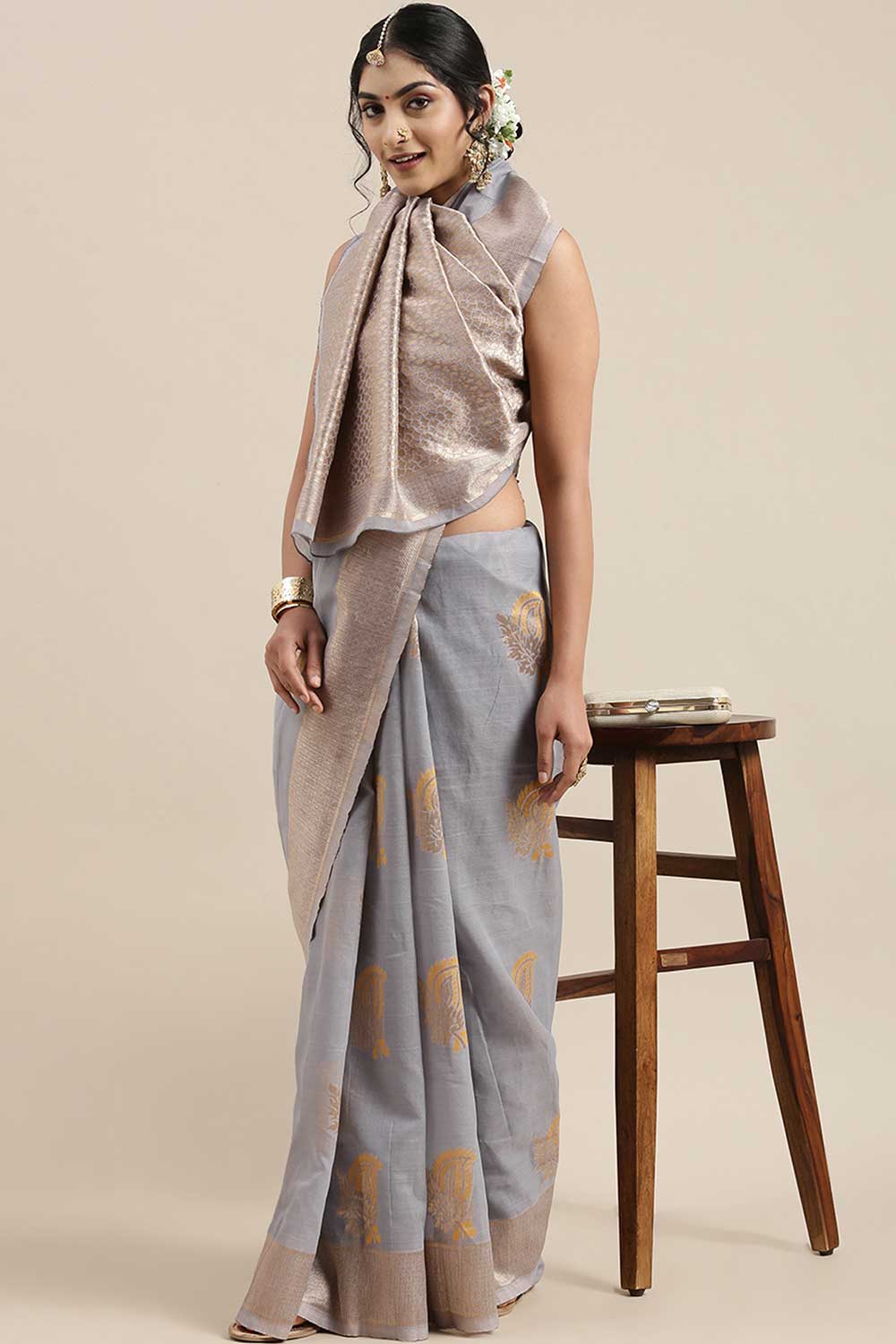 Lina Grey Floral Woven Linen One Minute Saree
