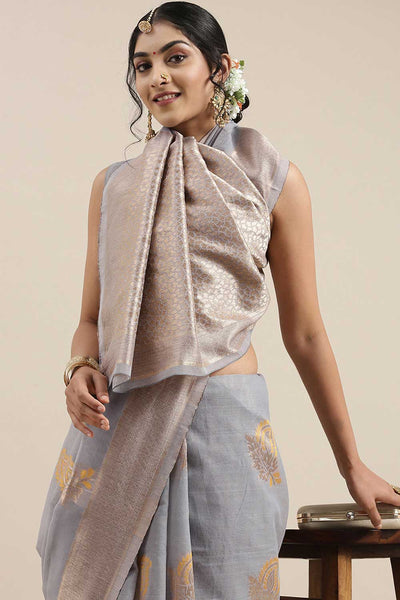 Buy Lina Grey Floral Woven Linen One Minute Saree Online - Back