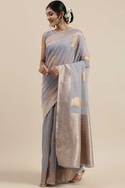 Buy Lina Grey Floral Woven Linen One Minute Saree Online - One Minute Saree