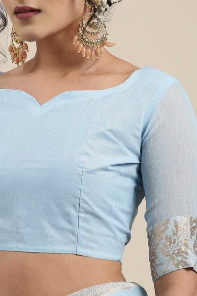 Buy Pauline Blue Floral Woven Linen One Minute Saree Online - Front