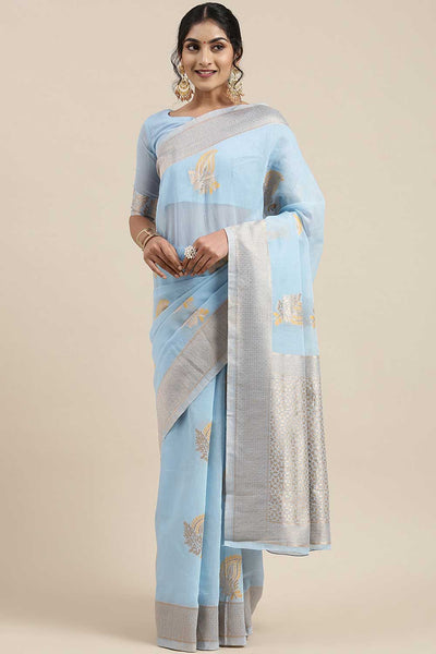 Buy Pauline Blue Floral Woven Linen One Minute Saree Online - One Minute Saree