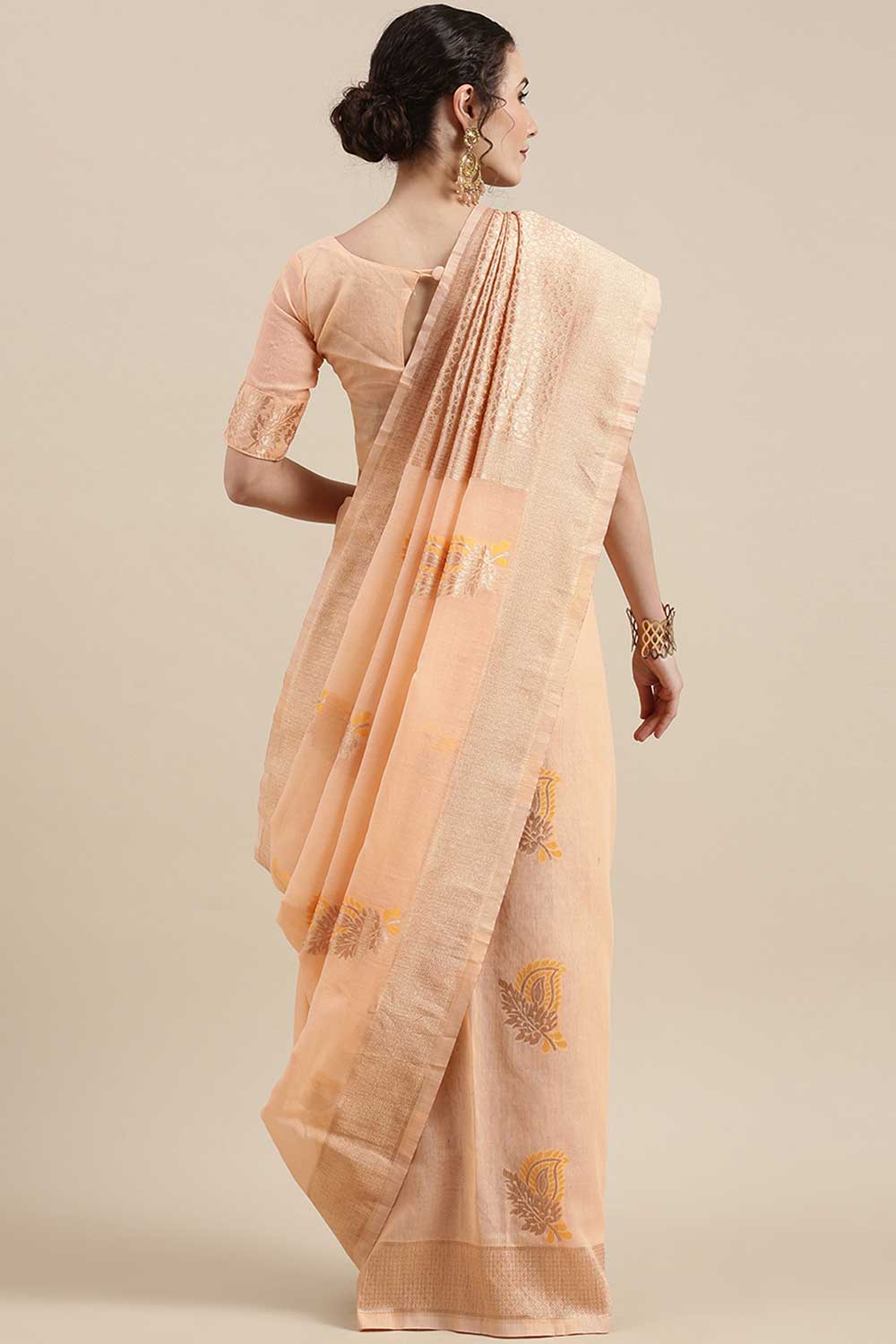 Shop Krish Peach Floral Woven Linen One Minute Saree at best offer at our  Store - One Minute Saree
