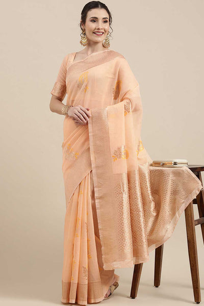 Buy Krish Peach Floral Woven Linen One Minute Saree Online