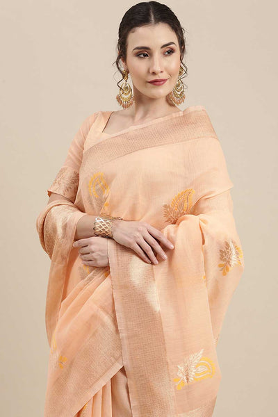 Buy Krish Peach Floral Woven Linen One Minute Saree Online - Back