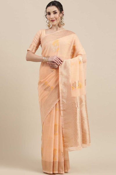 Buy Krish Peach Floral Woven Linen One Minute Saree Online - One Minute Saree