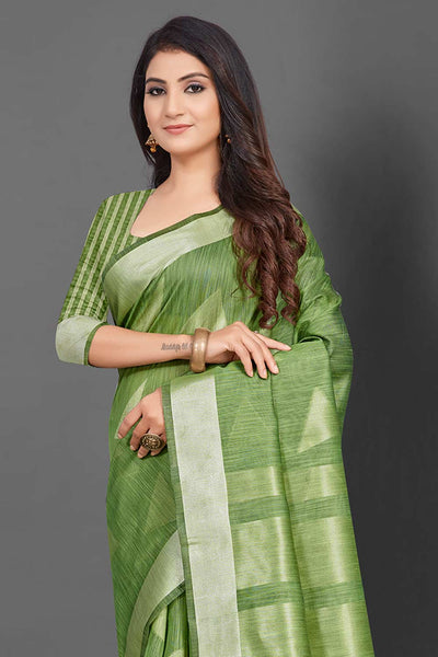 Shop Payal Green Linen Geometric Woven Design Banarasi One Minute Saree at best offer at our  Store - One Minute Saree