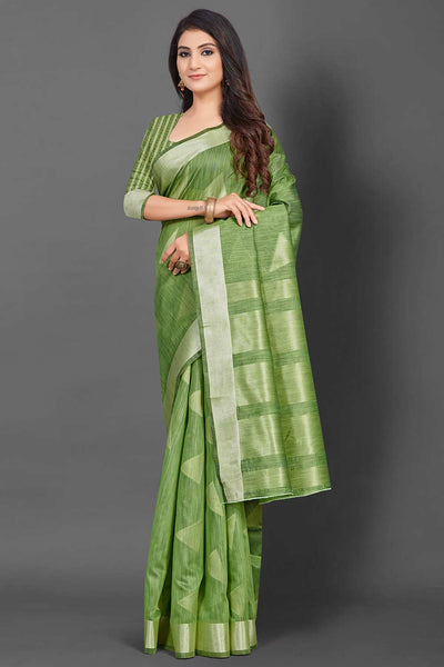 Buy Payal Green Linen Geometric Woven Design Banarasi One Minute Saree Online - One Minute Saree