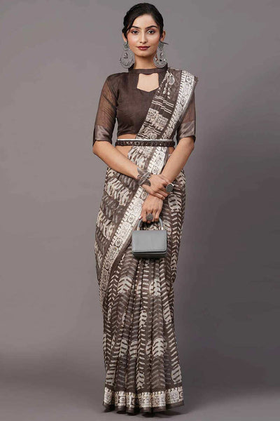 Buy Sayna Cotton Blend Brown Printed One Minute Saree Online - One Minute Saree