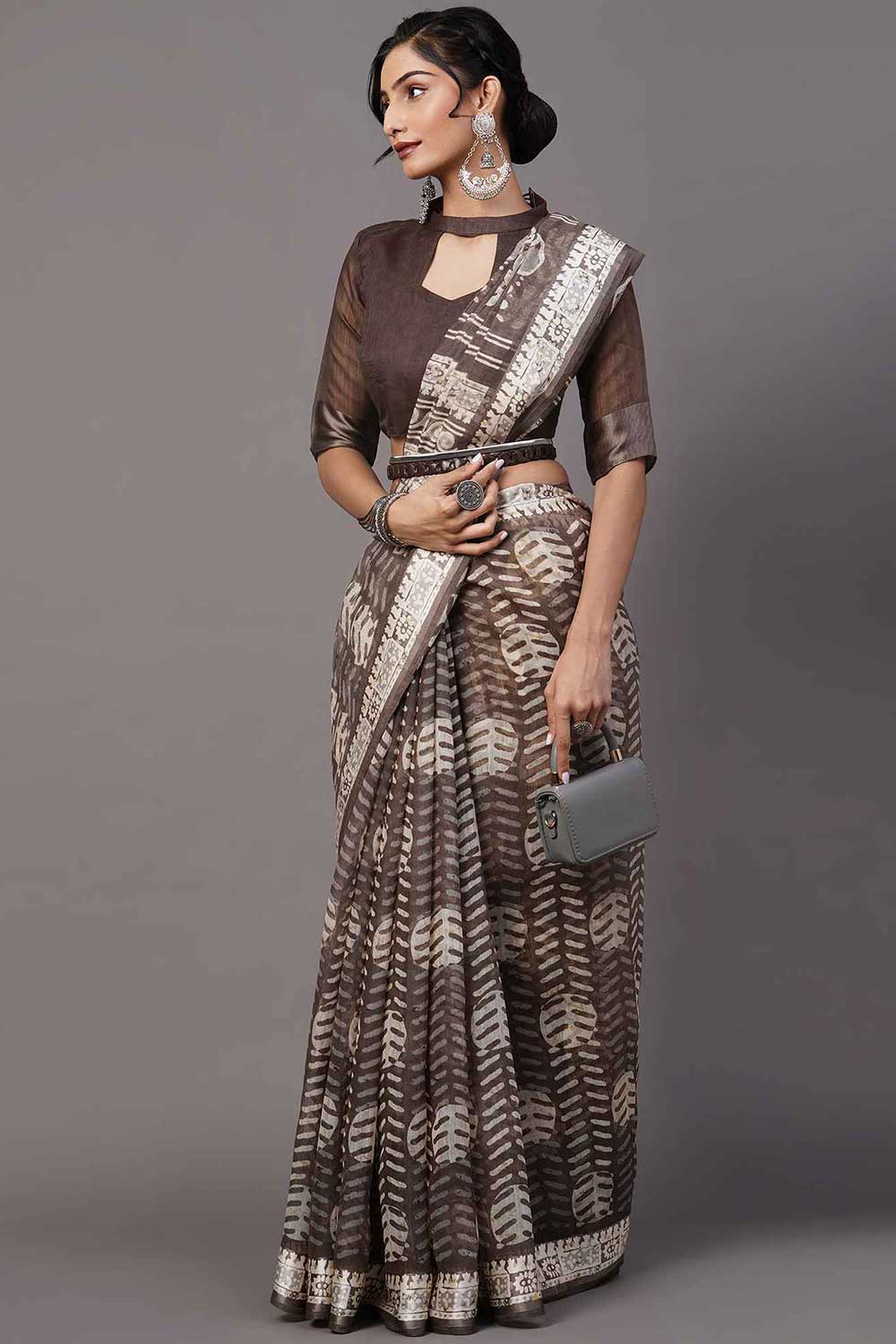 Buy Sayna Cotton Blend Brown Printed One Minute Saree Online - Front