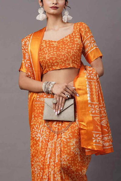 Buy Rory Cotton Blend Orange Printed One Minute Saree Online - Zoom In