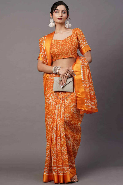 Buy Rory Cotton Blend Orange Printed One Minute Saree Online - One Minute Saree