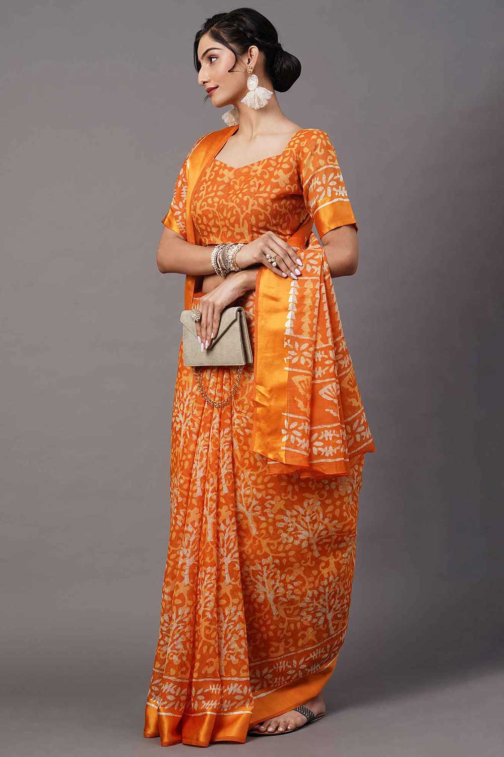 Buy Rory Cotton Blend Orange Printed One Minute Saree Online - Back