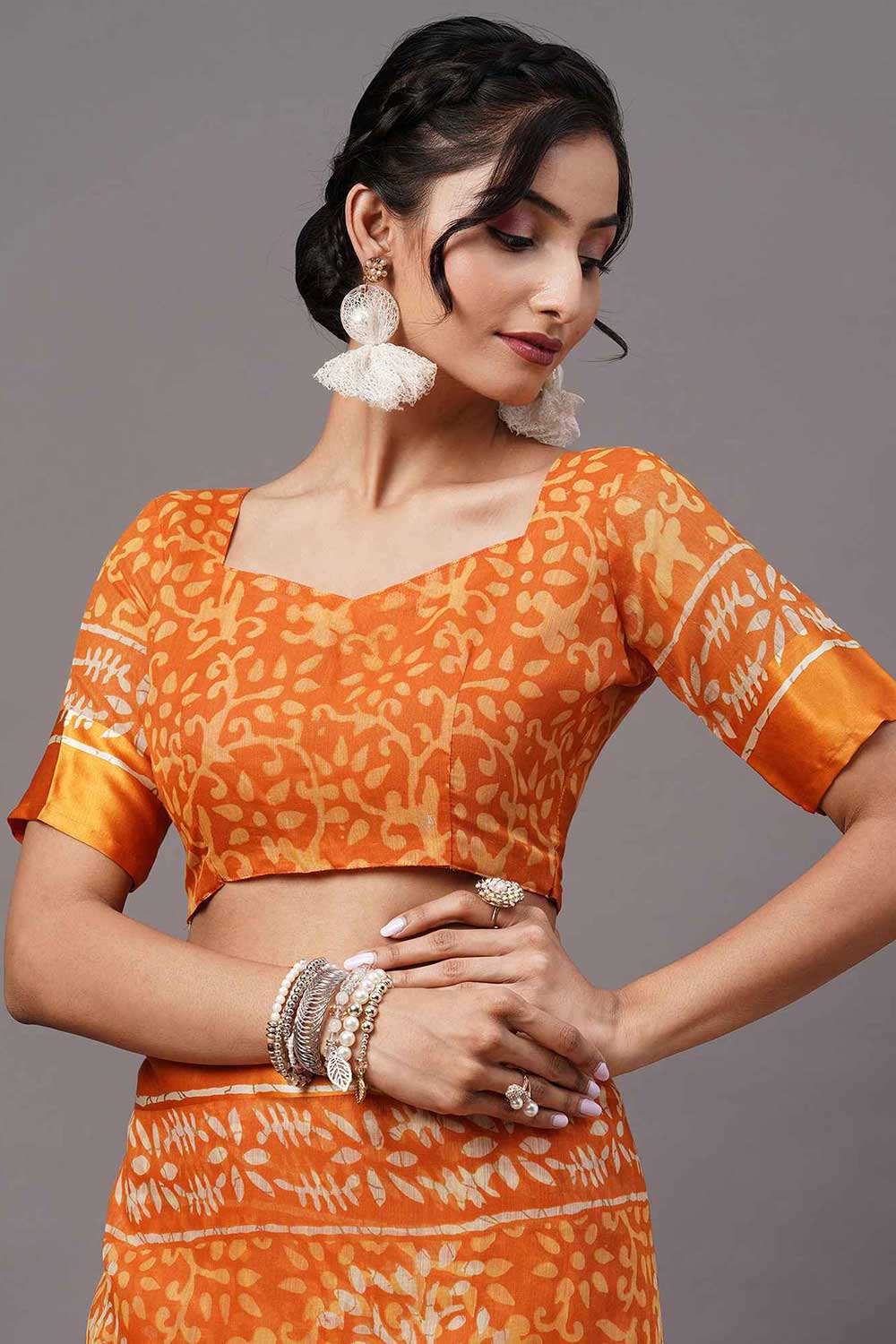 Buy Rory Cotton Blend Orange Printed One Minute Saree Online - Side