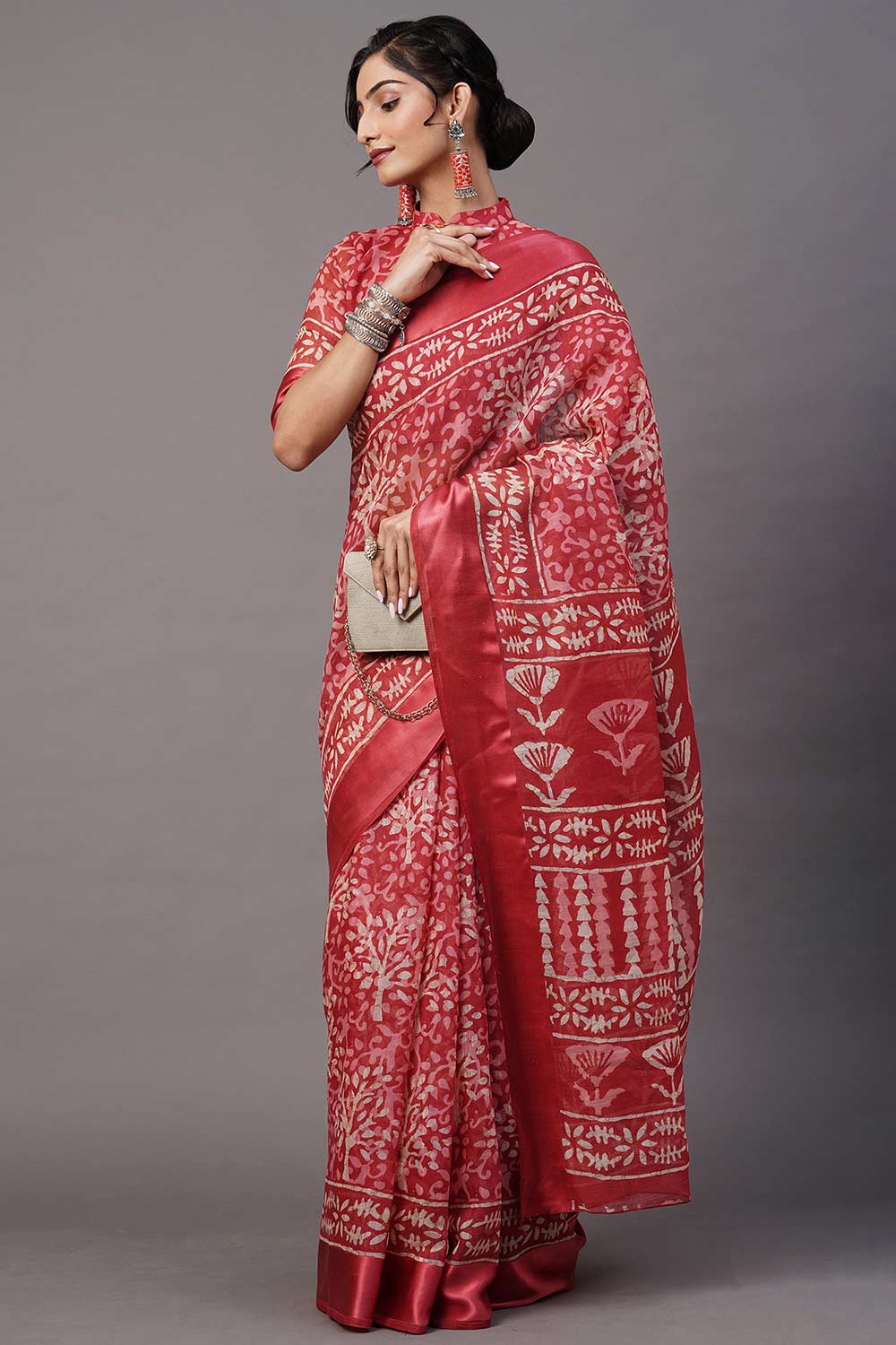 Buy Anjum Cotton Blend Magenta Printed One Minute Saree Online - Back