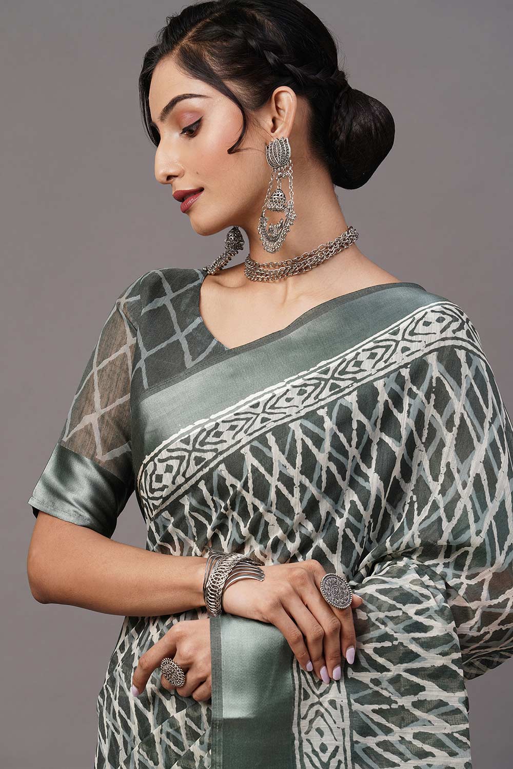 Buy Katie Cotton Blend Sea Green Printed One Minute Saree Online