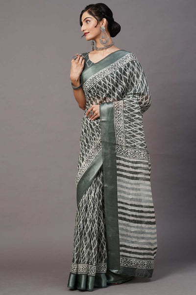 Buy Katie Cotton Blend Sea Green Printed One Minute Saree Online - Back