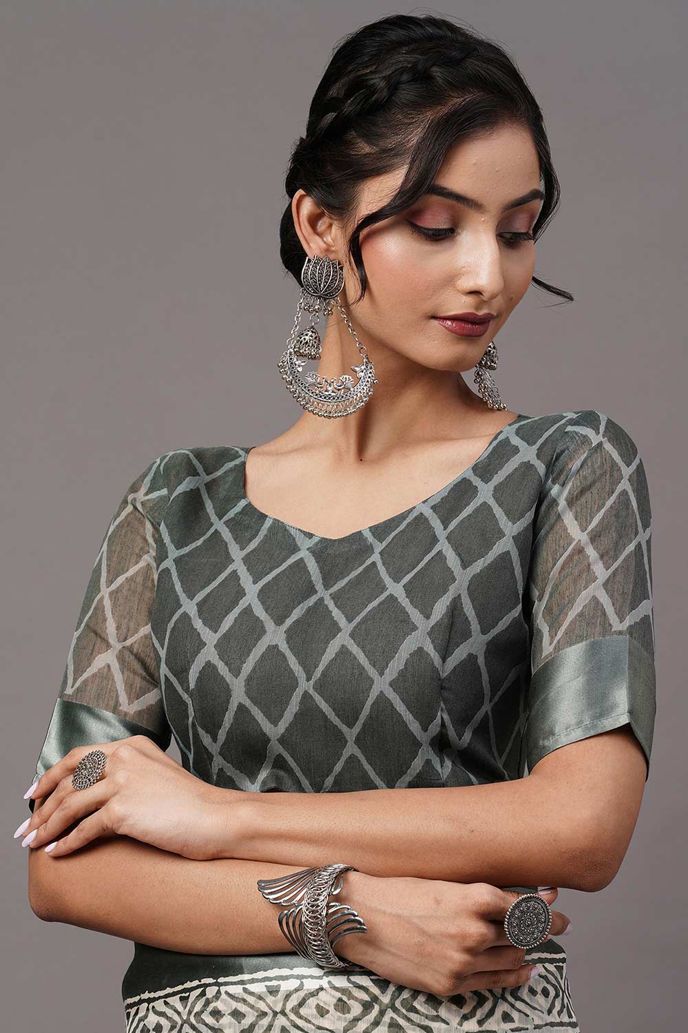 Buy Katie Cotton Blend Sea Green Printed One Minute Saree Online - Side