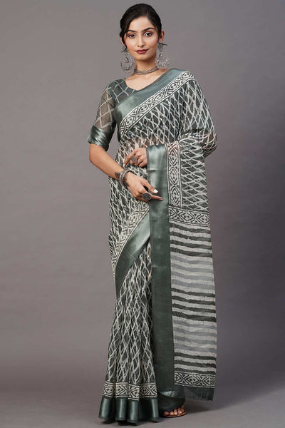 Buy Katie Cotton Blend Sea Green Printed One Minute Saree Online - One Minute Saree