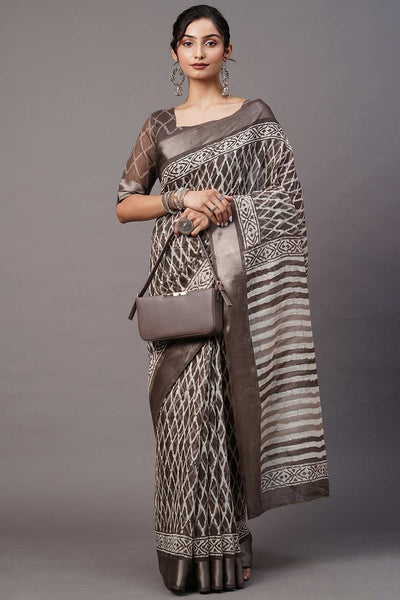 Buy Corrine Cotton Blend Charcoal Grey Printed One Minute Saree Online - One Minute Saree